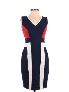 Adrianna Papell Navy Midi Sheath Dress with Red and White Panels